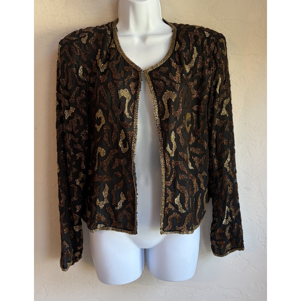 Vintage Stenay 100% Silk Beaded Evening Jacket L Leopard Print Glam Maximalist